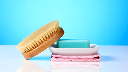 Stock photo of bath brush and soap bar on soap dish for bathroom accessories and hygiene products