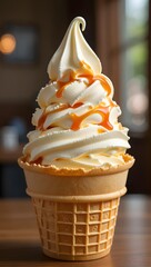 Delicious soft serve ice cream cone with caramel drizzle perfect summer dessert treat food photography