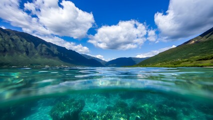 Explore the mesmerizing underwater world of a tropical ocean with mountain backdrop view scene