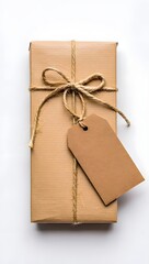 Gift box kraft paper wrapping with twine bow and blank tag for christmas birthday present idea