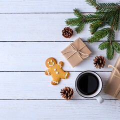 Christmas morning flat lay with gingerbread man coffee gifts and pine cones on white wood table