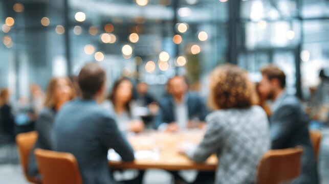 Blurred image of business meeting in modern office, professional team discussion around conference table in corporate environment.