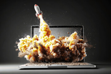Rocket launches from laptop screen, symbolizing innovation and new business ventures in a dynamic explosion