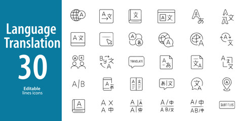 Language Translation Line Icons, Dictionary, Chat Bubbles, Translate App, Multilingual Communication, Global Language, Document Translation, and More, Editable Formats: AI, EPS, JPG, PNG, 