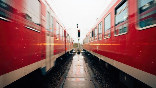Motion blur of two red trains passing on parallel tracks with signal light on a rainy day at train station.