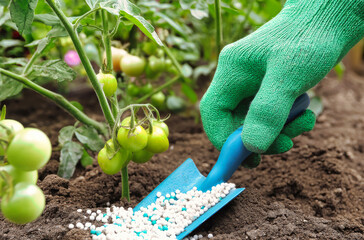 Gardener with green gloves applying fertilizer to vegetable garden with growing tomatoes using a blue trowel