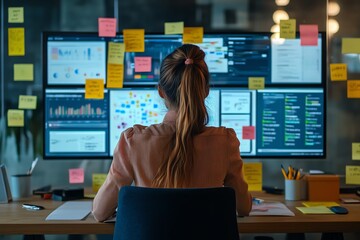 Woman Analyzing Data on Multiple Computer Screens in Modern Office