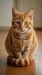 Close up portrait of a cute ginger tabby cat with yellow eyes sitting calmly on a wooden floor isolated on white background or no background