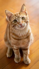 Obraz premium Adorable orange tabby cat with bright yellow eyes looking up attentively isolated on white background or no background