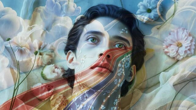 Sweeping bright light ribbon across lying man's face on floral print bed causing eyelid fluttering
