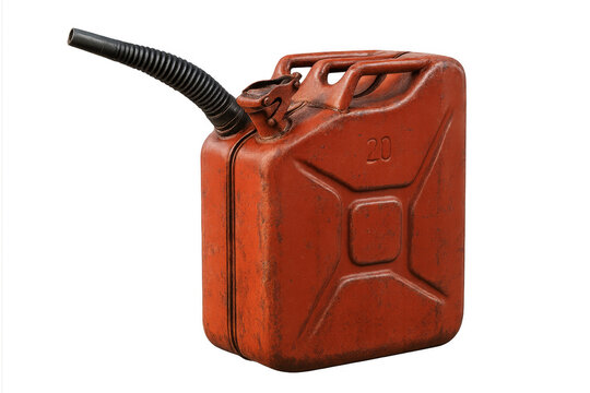 Red metal jerrycan with flexible spout on transparent background