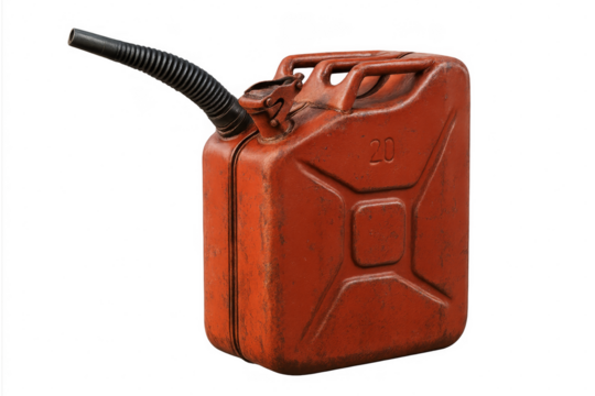 Red metal jerrycan with flexible spout on transparent background