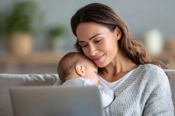 Naklejka premium Loving mother holding sleeping baby while working from home on laptop