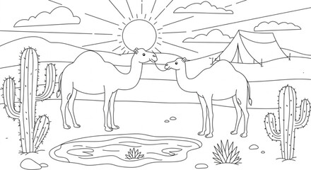 Desert Camels A Line Art Coloring Page Featuring Two Camels by a Watering Hole