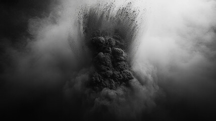 Abstract monochrome burst of a dark, heavy substance. Intense and impactful image of a volcanic ash cloud.