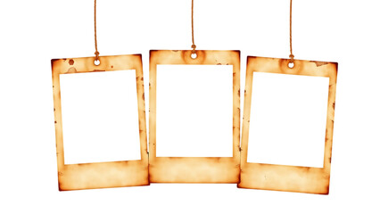 Set of three grungy vintage instant photo frames isolated over a transparent background cut-out and