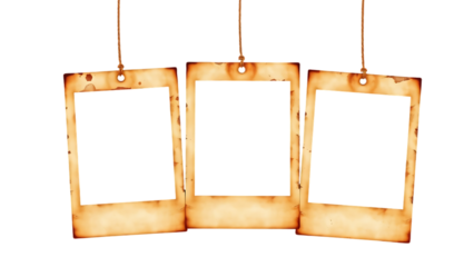 Set of three grungy vintage instant photo frames isolated over a transparent background cut-out and