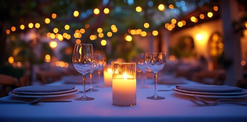 Elegant Candlelit Dinner Table with Glassware and Warm Lighting at Outdoor Evening Event