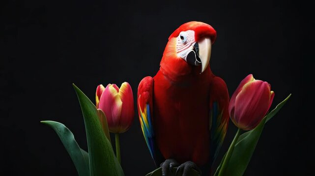 The  depicts a vibrant parrot with a striking red and green plumage, surrounded by bright tulips with orange-red petals.