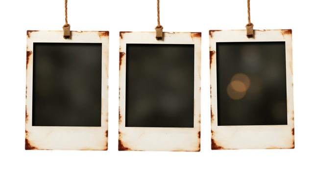 Set of three grungy vintage instant photo frames isolated over a transparent background cut-out and