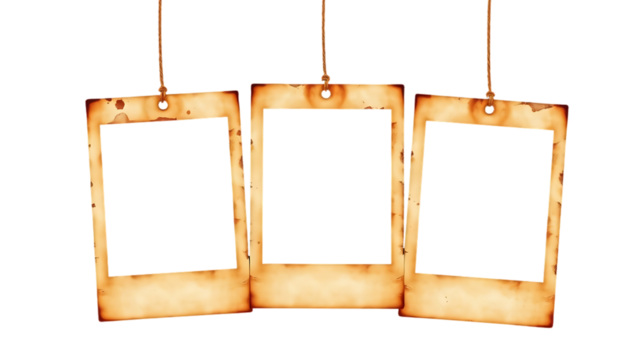 Set of three grungy vintage instant photo frames isolated over a transparent background cut-out and