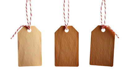 Set collection of three brown natural craft kraft paper hang tags price tags or gift tags with strip