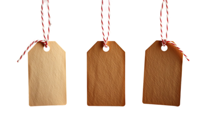 Set collection of three brown natural craft kraft paper hang tags price tags or gift tags with strip