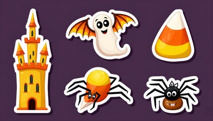 Cute Halloween cartoon stickers set with spooky characters and candy