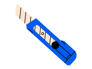 Hand drawn cute illustration of stationery knife. Flat vector office paper cutter doodle. Creative process. Repair or craft sign. Education or study sticker, icon. Back to school. Isolated.