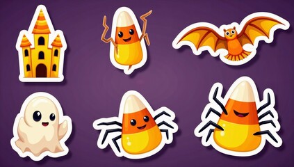 Fototapeta premium Cute Halloween cartoon stickers featuring candy corn characters, ghost, bat, and castle