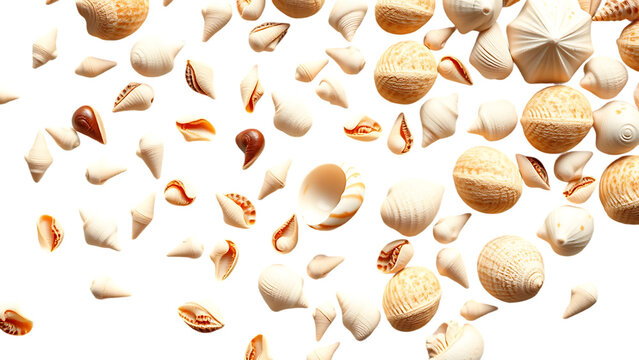 Set collection of small sea shells a conch and sea snails over a transparent background isolated oce