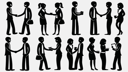 Illustration of multiple stick figure business people shaking hands and exchanging items on white background