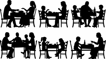 Silhouetted families and couples are depicted eating together at tables with chairs in various arrangements