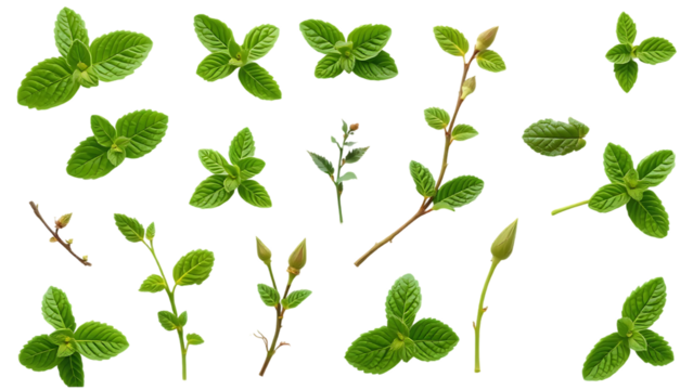 Set collection of fresh green mint leaves twigs and tips in different positions isolated over a tran