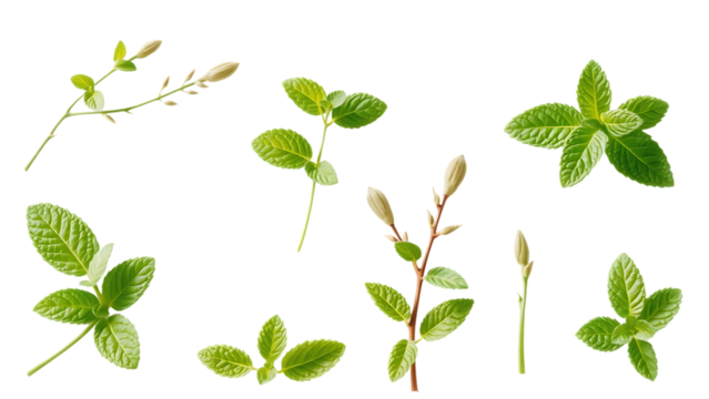 Set collection of fresh green mint leaves twigs and tips in different positions isolated over a tran