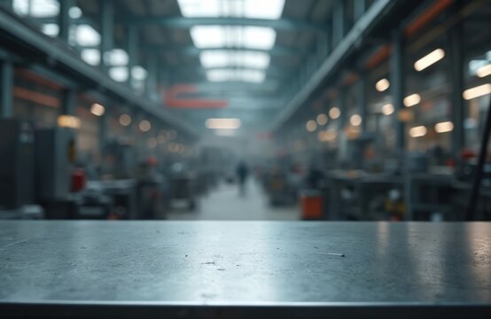Blurred background of factory with empty steel tabletop foreground. Industrial interior with bokeh effect lights, suitable for business presentation product placement. Production hall background with