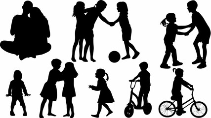 Silhouette illustration showing children playing games and engaging in various activities outdoors
