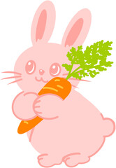 당근을 들고 있는 귀여운 분홍 토끼 캐릭터 일러스트