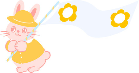 유치원 혹은 어린이집 입학식 축하 메모 이미지. 노란 모자와 옷을 착용한 토끼 캐릭터가 메모하기 좋은 긴 현수막을 들고 있는 일러스트.