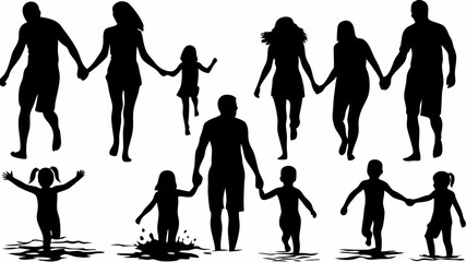 Silhouette of families walking and playing in water holding hands creating a sense of togetherness and joy