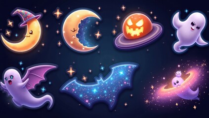Naklejka premium Cute cartoon Halloween characters and symbols in a starry cosmic style