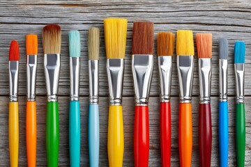 Obraz premium Colorful paintbrushes resting on rustic wooden surface