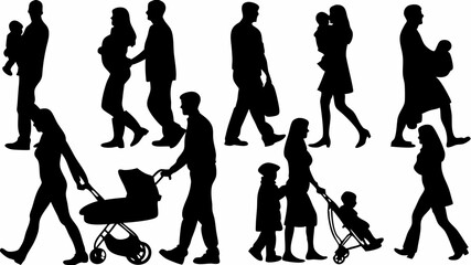 Silhouette depictions of families with parents and children walking together in various poses