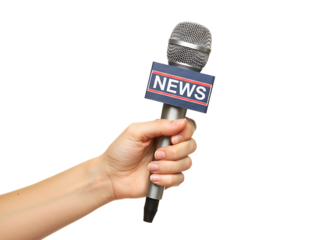 Hand holding a news microphone for broadcasting isolated on transparent background