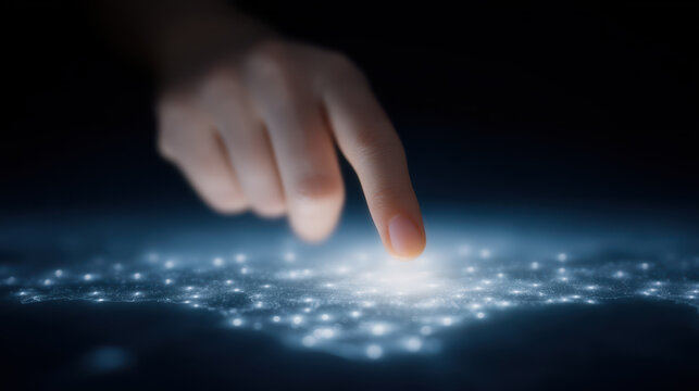 Finger touching glowing digital network with points and lines, symbolizing cybersecurity and technology connection