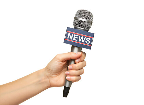 Hand holding a news microphone for broadcasting isolated on transparent background