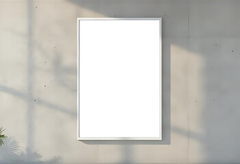 A blank vertical poster on textured concrete wall, soft ambient light, minimal and modern branding mockup ideal for interior design or gallery display.