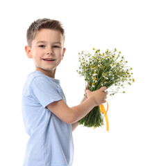 Smiling little boy with bouquet of beautiful chamomile flowers on white background