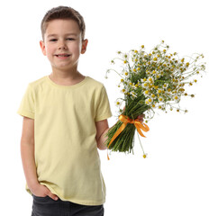 Smiling little boy with bouquet of beautiful chamomile flowers on white background