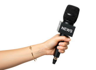 Hand holding a news microphone for broadcasting isolated on transparent background